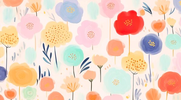 Carta da parati Fiori colorati su sfondo bianco, Carta da parati per Bambini, Carta da parati popolare, w03373 - Tapeko.it