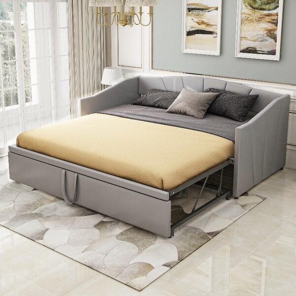 Divano letto 90x200 fino a 180x200 cm, estendibile con rete a doghe, letto imbottito in tessuto vellutato grigio, con schienale e braccioli