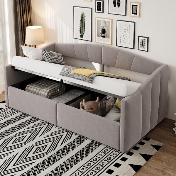 Letto imbottito 90x200 cm con spazio contenitore, letto singolo con rete a doghe, braccioli e schienale, rivestito in velluto color grigio chiaro, ideale per la camera da letto