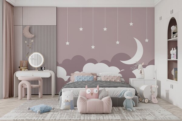 Carta da parati Luna e stelle nel cielo, Carta da parati per Bambini, Carta da parati popolare, w03626 - Tapeko.it