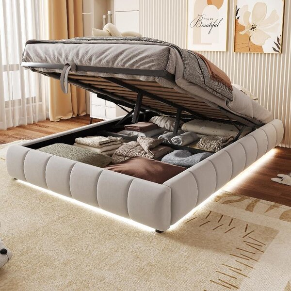 Letto imbottito 140x200 cm senza testiera, dotato di illuminazione a LED, spazio contenitivo ad apertura idraulica e rivestito in velluto color beige, ideale per camere da letto dei ragazzi o piccoli ambienti