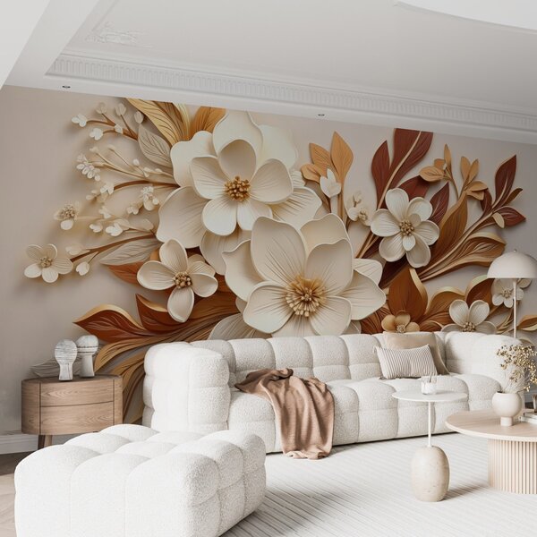 Carta da parati fiori 3D con foglie in stile origami nei toni del beige, Carta da parati 3D, Carta da parati Fiori 3D, w08984 : Uwalls.it