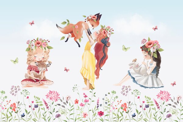 Carta da parati Gruppo di ragazze con animali in mano in un campo di fiori, Carta da parati per Bambini, Carta da parati popolare, w03002 - Tapeko.it