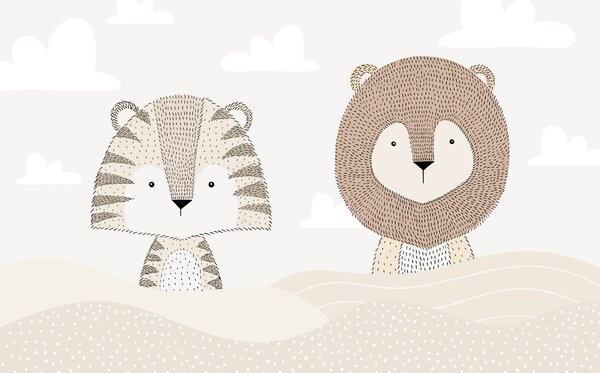 Carta da parati Leone e tigre nel deserto, Carta da parati per Bambini, Carta da parati popolare, w03377 - Tapeko.it