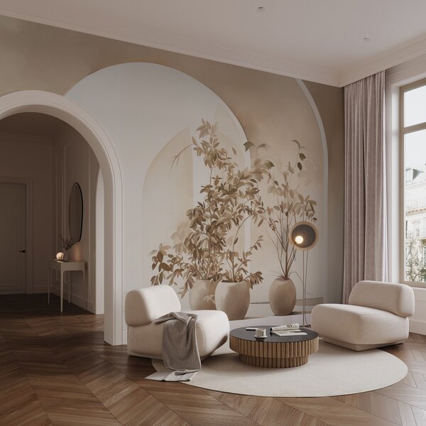 Carta da parati Piante in vaso dai toni beige davanti ad archi astratti, stile minimalista, elegante e, Carta da parati 3D, w09013 : Uwalls.it