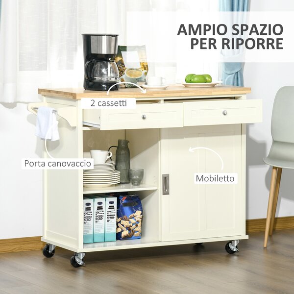 HOMCOM Isola per Cucina in Legno e MDF con Cassetti, Armadietto, Portasciugamani e 4 Ruote, per Utensili, 110x49.5x89.5cm, Bianco | Aosom