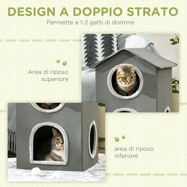 PawHut Casetta per Gatti a Due Livelli con Cuscini Lavabili 3 entrate, 42x46x59.5 cm, Grigio|Aosom