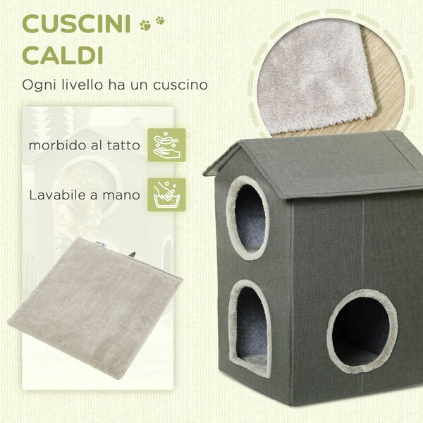 PawHut Casetta per Gatti a Due Livelli con Cuscini Lavabili 3 entrate, 42x46x59.5 cm, Grigio|Aosom