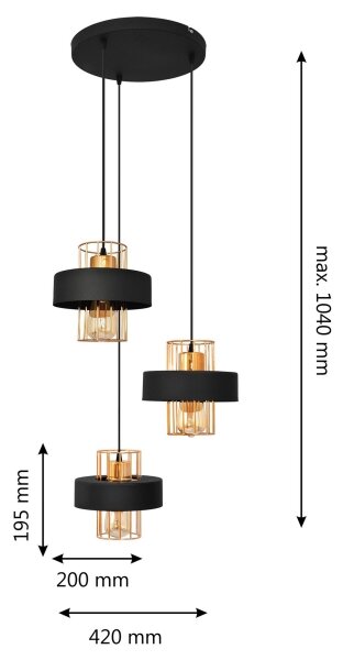 Lampadario a sospensione con filo VOLTA 3xE27/15W/230V nero/oro