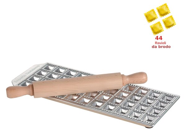 Stampo per Ravioli con Quarantaquattro Fori e Mattarello 30,5x12,7x h2 ,5 cm Acciaio Inossidabile 44 RAVIOLI da brodo