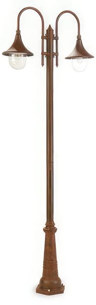 Struttura in pressofusione di alluminio LAMPARA PALO ALTO DUE LUCI E27 Dimensioni 26x83x h 230 cm Diffusori in termoplastico trasparente colore RUGGINE