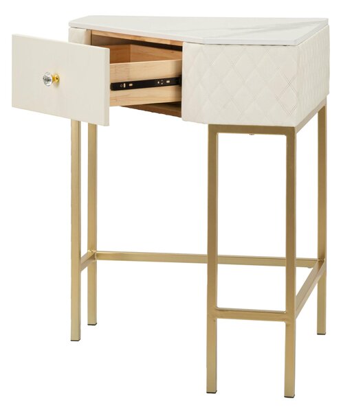 Console ad angolo trapuntata elegante in Simil pelle trapuntata, con gambe dorate SHARON Dimensioni 84,5x60xh 77 cm con cassetto centrale bianco e Oro