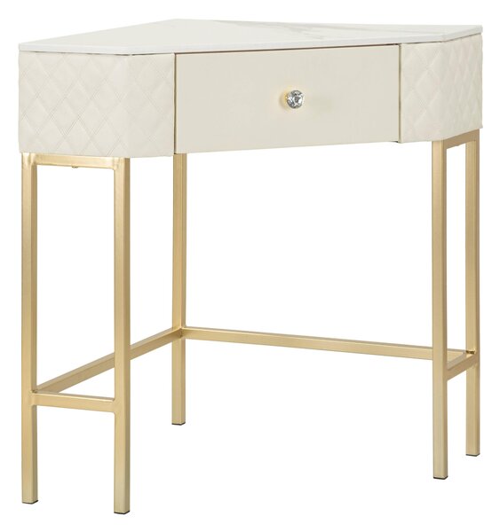 Console ad angolo trapuntata elegante in Simil pelle trapuntata, con gambe dorate SHARON Dimensioni 84,5x60xh 77 cm con cassetto centrale bianco e Oro
