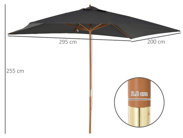 Outsunny Ombrellone da Giardino 2x3m in Legno e Bambù con 8 Stecche e Copertura in Poliestere, Grigio Scuro
