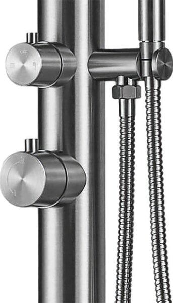 Doccia da Giardino esterno PULA in Acciaio Inox Marino Aisi 316l Doppio Attacco Dimensioni 26x37x h 230 cm con Miscelatore e Doccino mobile acqua calda e Fredda da esterno