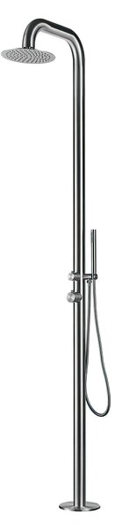Doccia da Giardino esterno PULA in Acciaio Inox Marino Aisi 316l Doppio Attacco Dimensioni 26x37x h 230 cm con Miscelatore e Doccino mobile acqua calda e Fredda da esterno