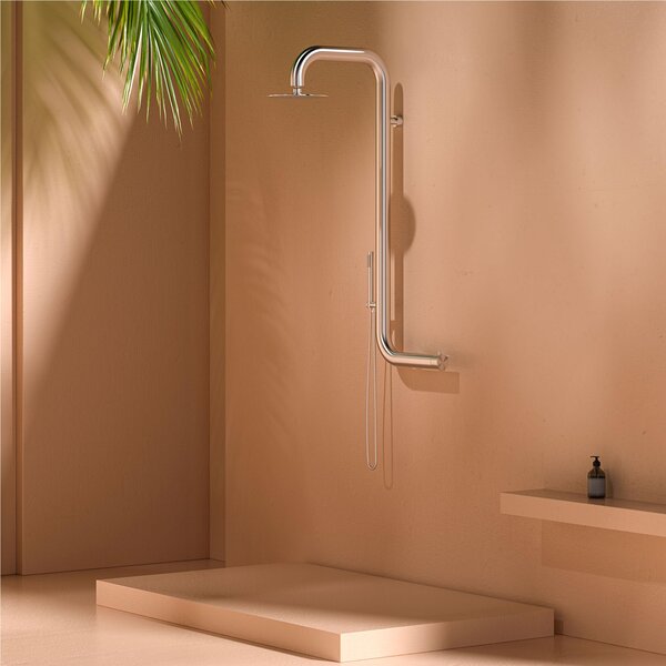 Doccia Esterna Per Parete, CABRAS Per Esterno e Interno Realizzata In Acciaio Di Qualit� Inox 316l Dimensioni 18x62x h 102 cm con Miscelatore e Doccetta da esterno In Acciaio Inox 316 l inox