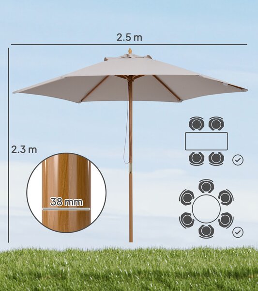 Outsunny Ombrellone da Giardino a 6 Stecche in Legno e Tessuto Poliestere, 2.5x2.3m, Grigio|Aosom