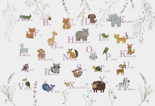 Carta da parati Carta da parati con animali e lettere, Carta da parati per Bambini, Carta da parati popolare, w03808v1 - Tapeko.it