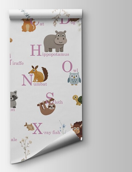 Carta da parati Carta da parati con animali e lettere, Carta da parati per Bambini, Carta da parati popolare, w03808v1 - Tapeko.it