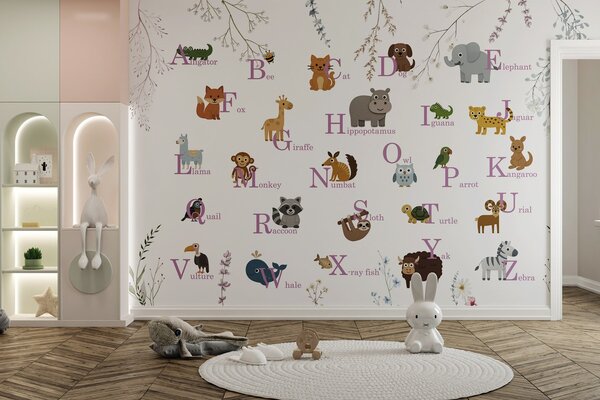 Carta da parati Carta da parati con animali e lettere, Carta da parati per Bambini, Carta da parati popolare, w03808v1 - Tapeko.it
