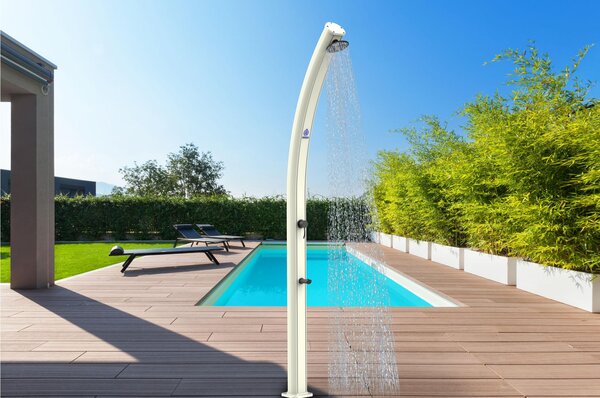 Doccia Solare in alluminio EMI Con Soffione Rotondo Da 20 Cm Miscelatore e Rubinetto e Lavapiedi 19x19x h 230 cm - peso 12 kg da 25 Lt colore bianco