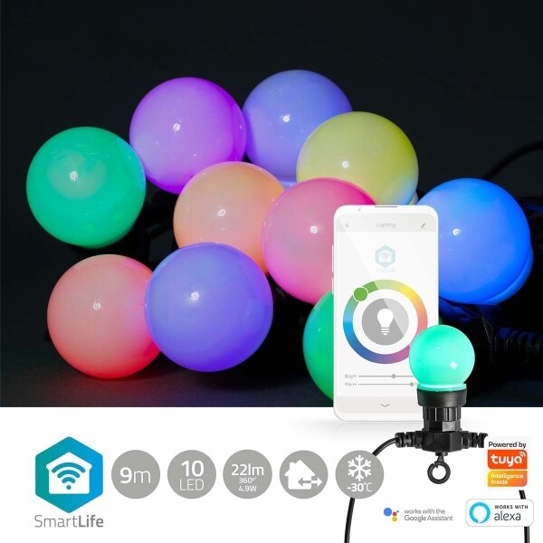 Nedis WIFILP03C10 - Catena decorativa LED RGB 10xLED 12m IP65 Wi-Fi Tuya
