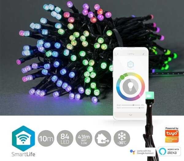Nedis WIFILX01C84 - Catena luminosa LED RGB per esterni, 84 LED, 8 funzioni, 13 m, IP65, Wi-Fi Tuya