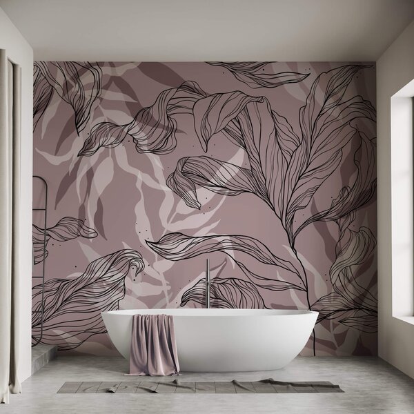 Carta da parati Disegno di foglie su sfondo rosa, Carta da parati Foglie, Carta da parati popolare, t00009v1 - Tapeko.it