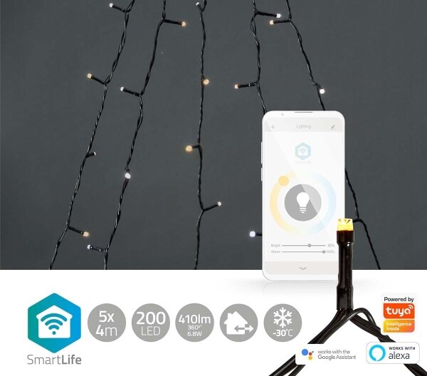 Nedis WIFILXT12W200 - Tenda luminosa natalizia a LED 200 LED/8 funzioni 5x4m IP65 Wi-Fi Tuya