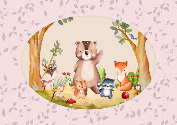 Carta da parati Cartone animato di animali in una foresta, Carta da parati animali, Carta da parati popolare, t00048v1 - Tapeko.it