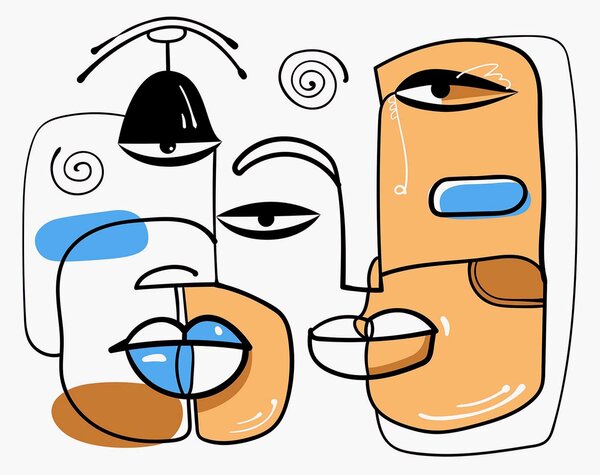 Carta da parati Gruppo di volti disegnati su sfondo bianco, Carta da parati lastrazione, Carta da parati popolare, t00063 - Tapeko.it