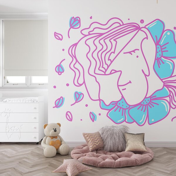 Carta da parati Disegno di donna con fiori, Carta da parati lastrazione, Carta da parati popolare, t00060v1 - Tapeko.it