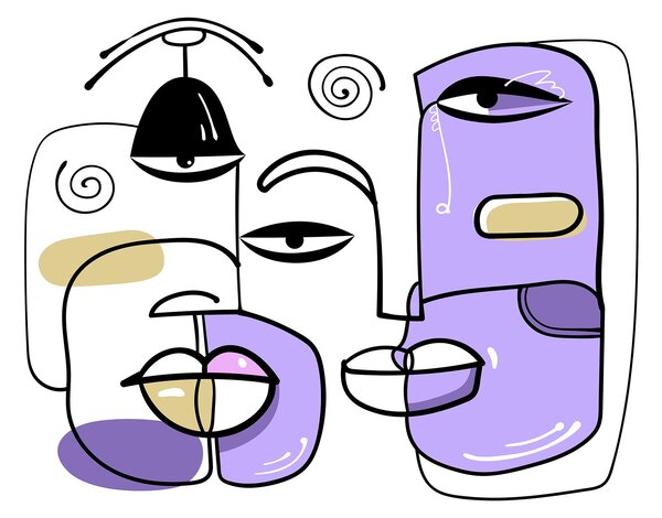 Carta da parati Gruppo di volti disegnati con colori diversi, Carta da parati lastrazione, Carta da parati popolare, t00063v2 - Tapeko.it