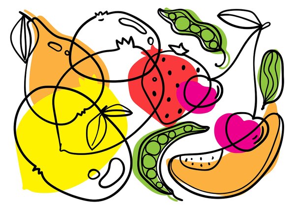 Carta da parati Disegno di diversi tipi di frutta e verdura, Carta da parati Cibo e bevande, Carta da parati popolare, t00059v2 - Tapeko.it