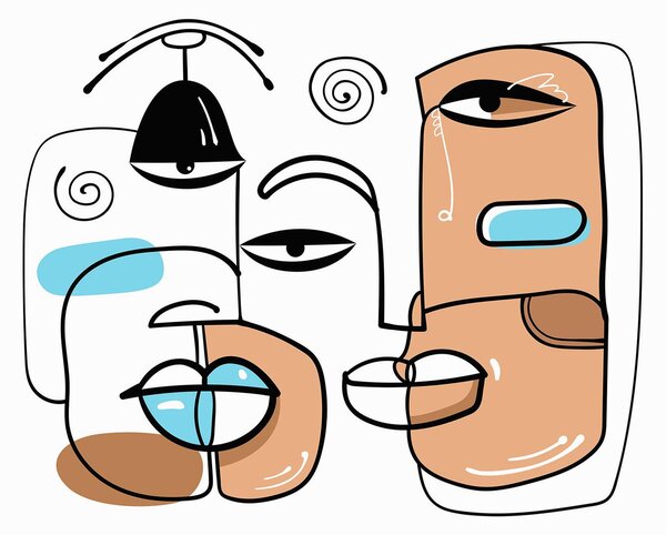 Carta da parati Gruppo di volti disegnati su sfondo bianco, Carta da parati lastrazione, Carta da parati popolare, t00063v1 - Tapeko.it