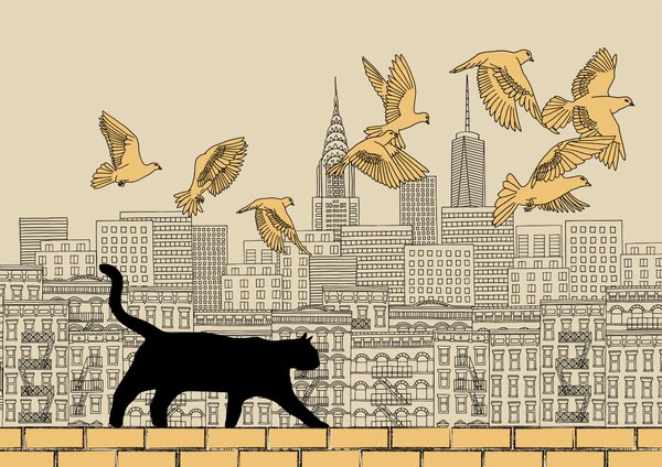 Carta da parati Gatto che cammina su un muro con uccelli che volano nel cielo, Carta da parati citta, Carta da parati popolare, t00078v1 - Tapeko.it