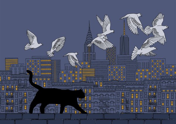 Carta da parati Gatto che cammina su un muro con uccelli che volano nel cielo, Carta da parati citta, Carta da parati popolare, t00078v2 - Tapeko.it