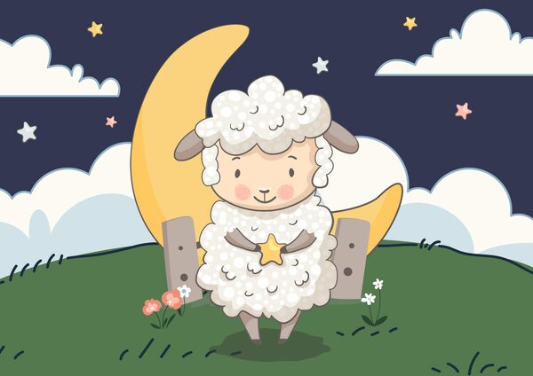 Carta da parati Vignetta di una pecora che tiene in mano una stella, Carta da parati per Bambini, Carta da parati popolare, t00091 - Tapeko.it