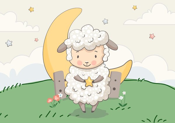Carta da parati Vignetta di una pecora che tiene in mano una stella, Carta da parati per Bambini, Carta da parati popolare, t00091v1 - Tapeko.it