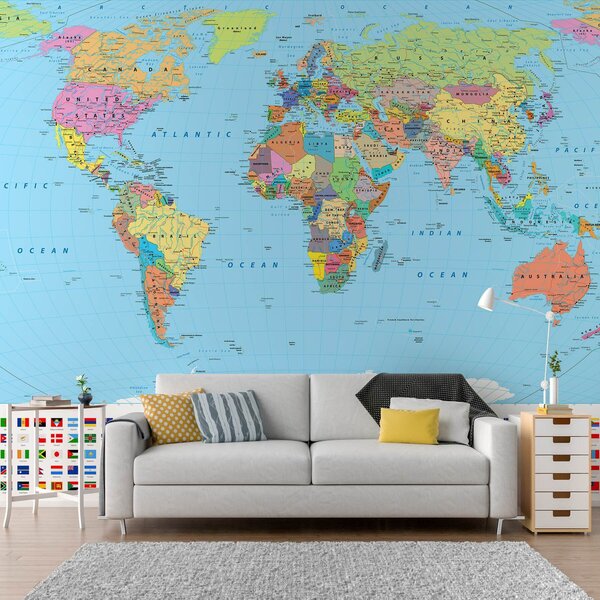 Carta da parati Mappa del mondo con diverse bandiere, Carta da parati per Bambini, Carta da parati popolare, u60137 - Tapeko.it