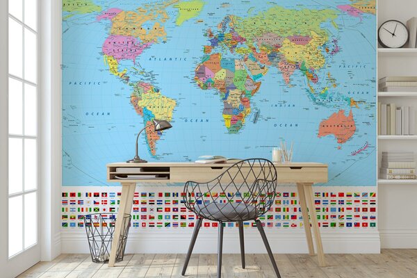 Carta da parati Mappa del mondo con diverse bandiere, Carta da parati per Bambini, Carta da parati popolare, u60137 - Tapeko.it