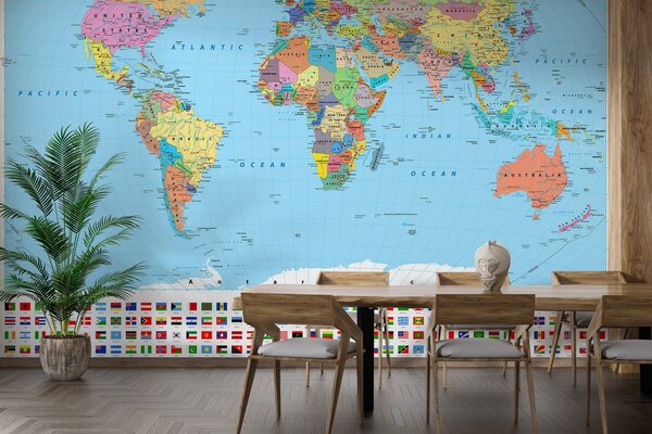 Carta da parati Mappa del mondo con diverse bandiere, Carta da parati per Bambini, Carta da parati popolare, u60137 - Tapeko.it
