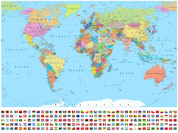 Carta da parati Mappa del mondo con diverse bandiere, Carta da parati per Bambini, Carta da parati popolare, u60137 - Tapeko.it
