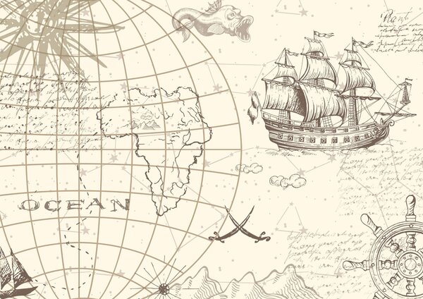 Carta da parati Mappa del mondo e nave, Carta da parati mappe del mondo, Carta da parati popolare, t00178 - Tapeko.it