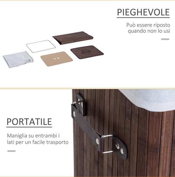 HOMCOM Cesto Portabiancheria Bambù, Coperchio, Sacco Tessuto Rimovibile, 40x30x60cm - Marrone|Aosom