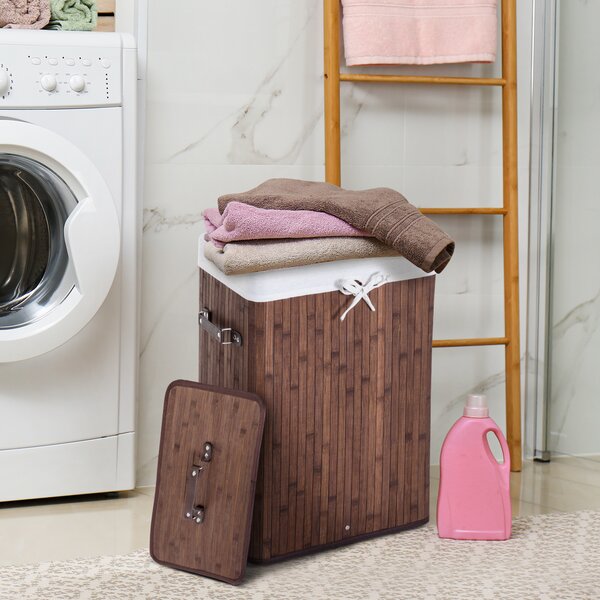 HOMCOM Cesto Portabiancheria Bambù, Coperchio, Sacco Tessuto Rimovibile, 40x30x60cm - Marrone|Aosom