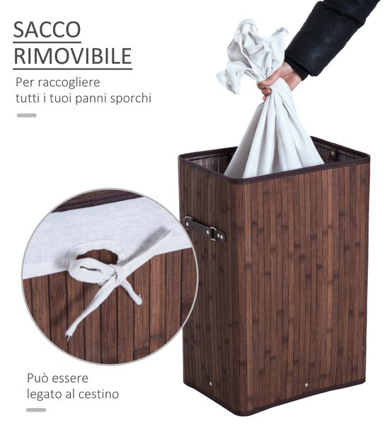 HOMCOM Cesto Portabiancheria Bambù, Coperchio, Sacco Tessuto Rimovibile, 40x30x60cm - Marrone|Aosom