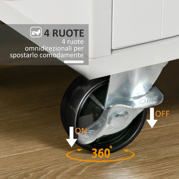 HOMCOM Carrello da Cucina Multiuso in Legno con 2 Cassetti, Armadietto e 4 Ruote, 104x46x91cm, Bianco|Aosom