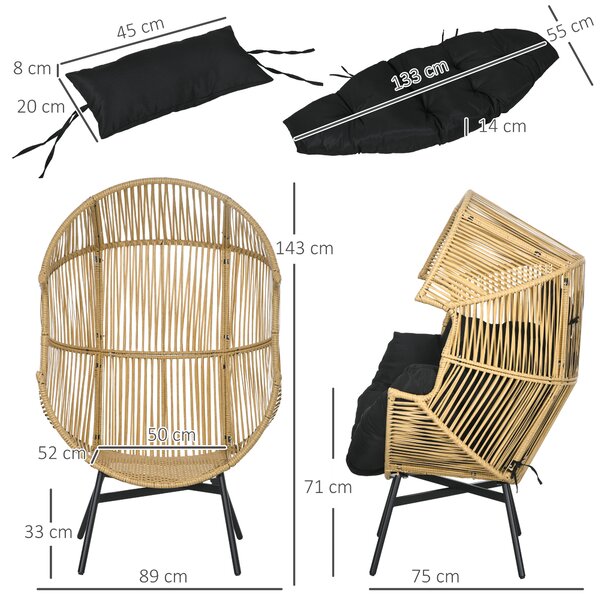 Outsunny Poltrona da Giardino a Uovo con Poggiatesta e Cuscini per Seduta, in Rattan e Acciaio, 89x75x143 cm|Aosom